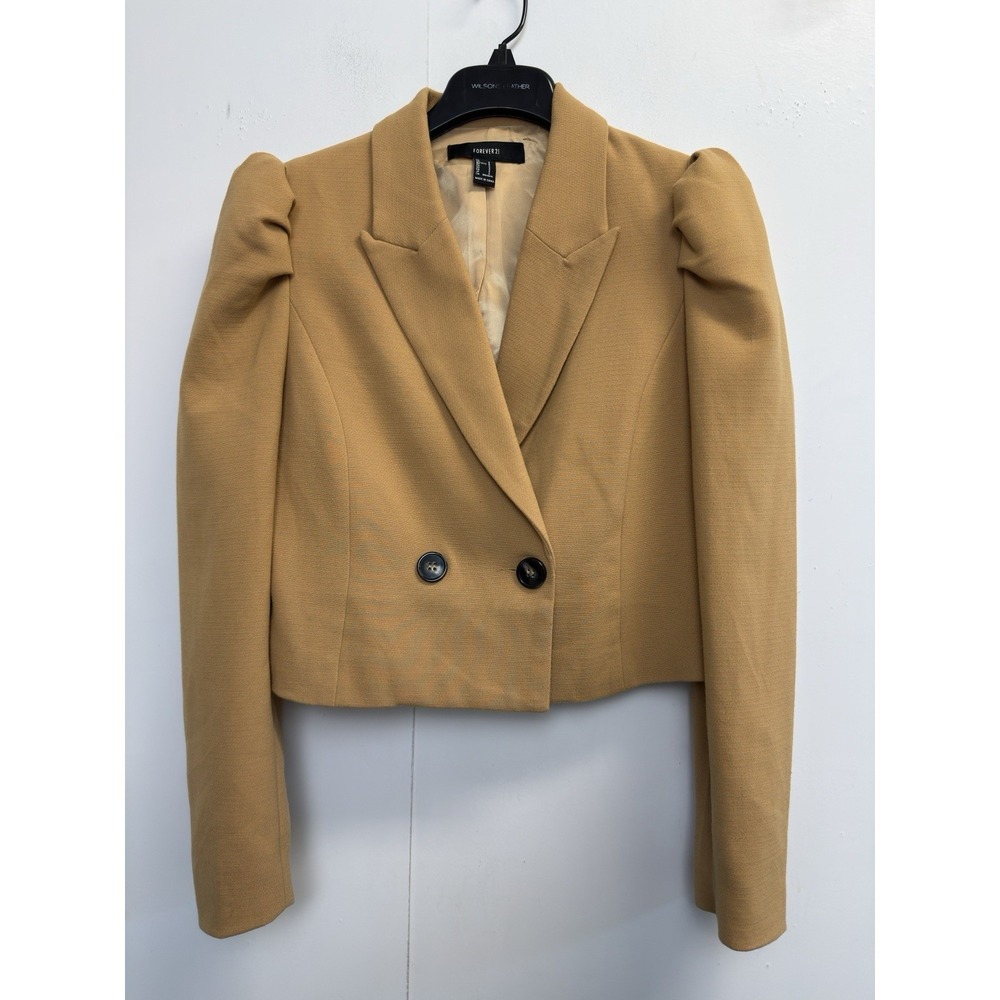 Forever 21 Women's S Mustard Cropped Blazer Jacket Double‎ Breasted Puff Sleeve